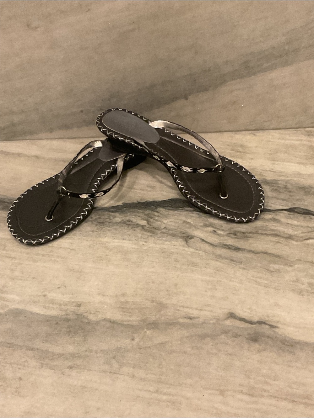Cole Haan Black Leather Thong Sandals with Contrast Stitching